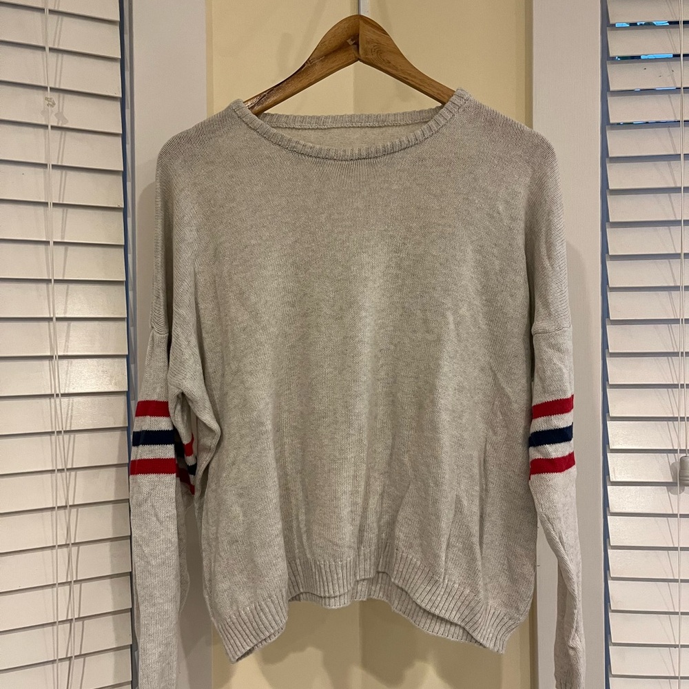 Gray Sweater with Red and Blue Stripes